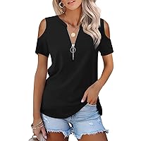Minetom Women's Short Sleeve Cold Shoulder Tops Zip Up V Neck T Shirts Basic Summer Tees