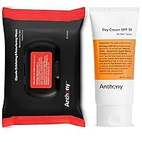 Anthony Day Cream SPF 30 Men’s Face Moisturizer with Sunscreen 3 Fl Oz and Anthony Glycolic Exfoliating & Resurfacing Wipes 30 Sheets per Bag