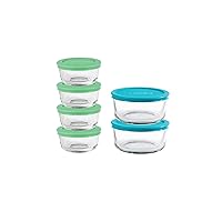 Anchor Hocking 12 Piece Glass Storage Containers with Lids (6 Glass Food Storage Containers & 6 Mixed Blue SnugFit Lids)