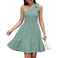 ZESICA Women's 2024 Summer Boho One Shoulder Sleeveless Solid Color Smocked Tiered Ruffle A Line Swing Short Mini Dress