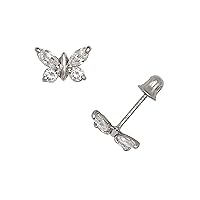 Jewelryweb Solid 14k White Gold Color or Clear Cubic Zirconia Butterfly Screw Back Stud Earrings