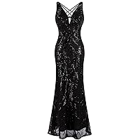 Angel-fashions Women's Sequin V Neck Paillette Tree Branch Tulle Backless Lace Up Mermaid Evening Dress