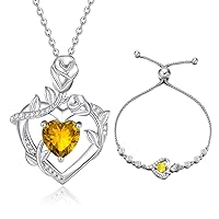November Birthstone Jewelry Citrine Necklace Bracelet for Women Sterling Silver CZ Rose Flower Heart Pendant Mothers Day Gifts for Mom Anniversary Birthday Gifts for Girls Her