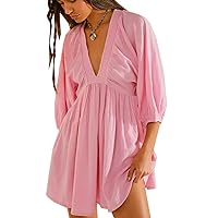 JAWINT Women's Cotton Linen Mini Dress Summer Puff 3/4 Sleeve Deep V Neck A-Line Beach Sundress
