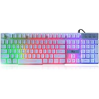 Rii RK100+ White Gaming Keyboard,USB Wired Multiple Colors Rainbow LED Backlit Large Size Mechanical Feeling Ultra-Slim Multimedia Office Keyboard Non-Slip for Primer Gaming and Working,Office Device