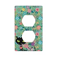 Black Cat Spring Flowers Outlet Covers Duplex Outlet Wall Plate Cover 1-Gang Electric Receptacle Decorative Light Switch