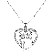 14k White Gold Plated 925 Sterling Silver 0.40 Ct Round Cut Created White Diamond Heart with Mom & Baby Owl Pendant Necklace