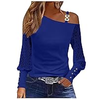 Blouses for Women Dressy Casual Spring Tops 2024 Long Sleeve Womens Tops Dressy Casual Sexy Off Shouder Asymmetrical Tops Plus Size Lace Shirts Business Casual Outfits(A Blue,XX-Large)