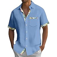 Hawaiian Shirt for Men Loose Vintage Button Down Dress Shirts Beach Short Sleeve Summer Standing Collar Shirt