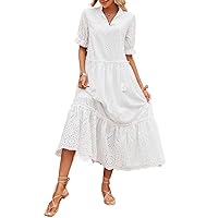 Women's Summer Casual Short Sleeve Dress Embroidery Flounce Sleeve Ruffle Hem Smock Dress