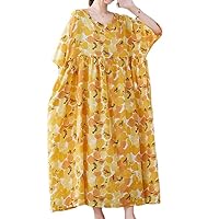 Oversize Casual Loose Cotton Linen Women's Dress Half Sleeve Floral Boho Maxi Dress Plus Size Yellow