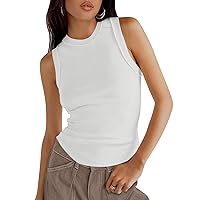 Womens 2024 Ribbed Tank Tops Summer Sleeveless High Neck Curved Hem Exposed Seam Slim Fitted Basic Shirts