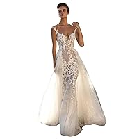 Sexy Backless lace Bridal Ball Gown with Detachable Train Mermaid Wedding Dresses for Women Bride Long