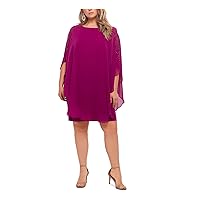 Womens Purple Stretch Cold Shoulder Chiffon Overlay Elbow Sleeve Boat Neck Above The Knee Evening Shift Dress Plus 16W