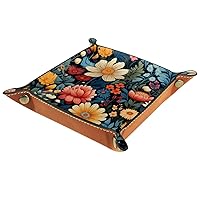 Art Beautiful Flowers Folding Rolling Thick PU Brown Leather Valet Catchall Organizer Table Small Jewelry Candy Key Trays Storage Box Decor Entryway Tray