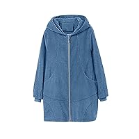 Womens Long Corduroy Jacket with Hood Oversized Zip Up Shacket Fall Long Sleeve Fashion Casual Solid Clothes Coats