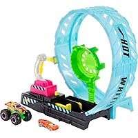 Hot Wheels Monster Trucks Glow in The Dark Epic Loop Challenge Playset with Launcher, Ramp & Giant Loop, Includes 1 1:64 Scale Die-Cast Truck & 1 Car, Toy Gift for Kids 4 to 8 Years Old Multicolor
