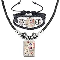 Newspaper Lips Kiss Coffee UK Flag Leather Necklace Bracelet Jewelry Set