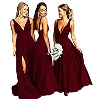 VeraQueen Women's V Neck Slit Bridesmaid Dresses Backless Satin Beach Wedding Evening Prom Dress