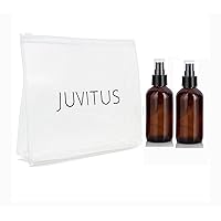JUVITUS 4 oz Amber Glass Boston Round Bottle with Black Treatment Pump (2 Pack) + Clear Travel Bag