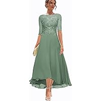 Women's Tea Length Mother of The Bride Dresses for Wedding Formal Dress with Sleeves High Low Evening Party Gowns