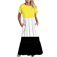 Color Block Pleated Beach Dress Women Summer Short Sleeve Crewneck Flowy Long Dress 2024 Casual Ruffle A-Line Dress