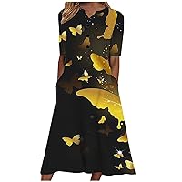 Summer Butterfly Print Button V Neck Short Sleeve T-Shirt Dress for Womens Casual Fashion Dressy Pockets Mid Dresses