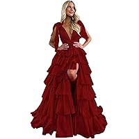 Women's Tiered Tulle Prom Dresses Long Ruffles Ball Gown V Neck A-Line Formal Evening Party Gowns with Slit