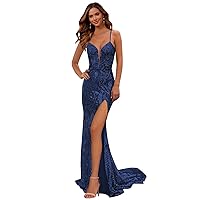 Sparkly Sequin Prom Dresses V Neck Long Mermaid Spaghetti Straps Formal Evening Party Gowns with Slit