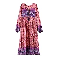 Women Casual Spring Dress Lady Bohemian Style V-Neck Tassel Lace Up Floral Printed Long Sleeves Maxi Dress