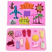 2Pcs Summer Vocation Travel Seaside Holiday Silicone Molds for DIY Fondant Chocolate Mold Clay Cupcake Topper Cake Decor (Airplane Cruise Liner Camera Coconut Tree Sun Beach Slippers Swimsuit)