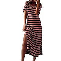 Summer Dresses for Women 2023 Casual V Neck Short Sleeve Loose Fit Shift Split Hem Sleepwear Striped Print Dresses
