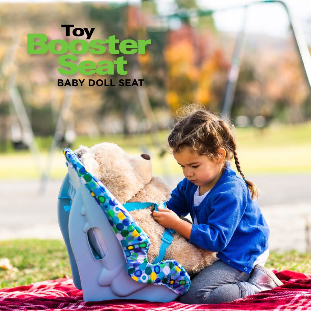 Joovy Toy Booster Seat & Functional Doll Car Seat Featuring Crash-Tested Latch System for Safety, Machine-Washable Cover for Easy Cleaning, and Five-Point Harness - Fits Dolls 12” to 22”, Blue