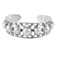 NOVICA Handmade Cultured Freshwater Pearl Cuff Bracelet .925 Sterling Silver from India Birthstone Gemstone [6.25 in L (end to End) x 0.8 in W] 'Nostalgic Chic'