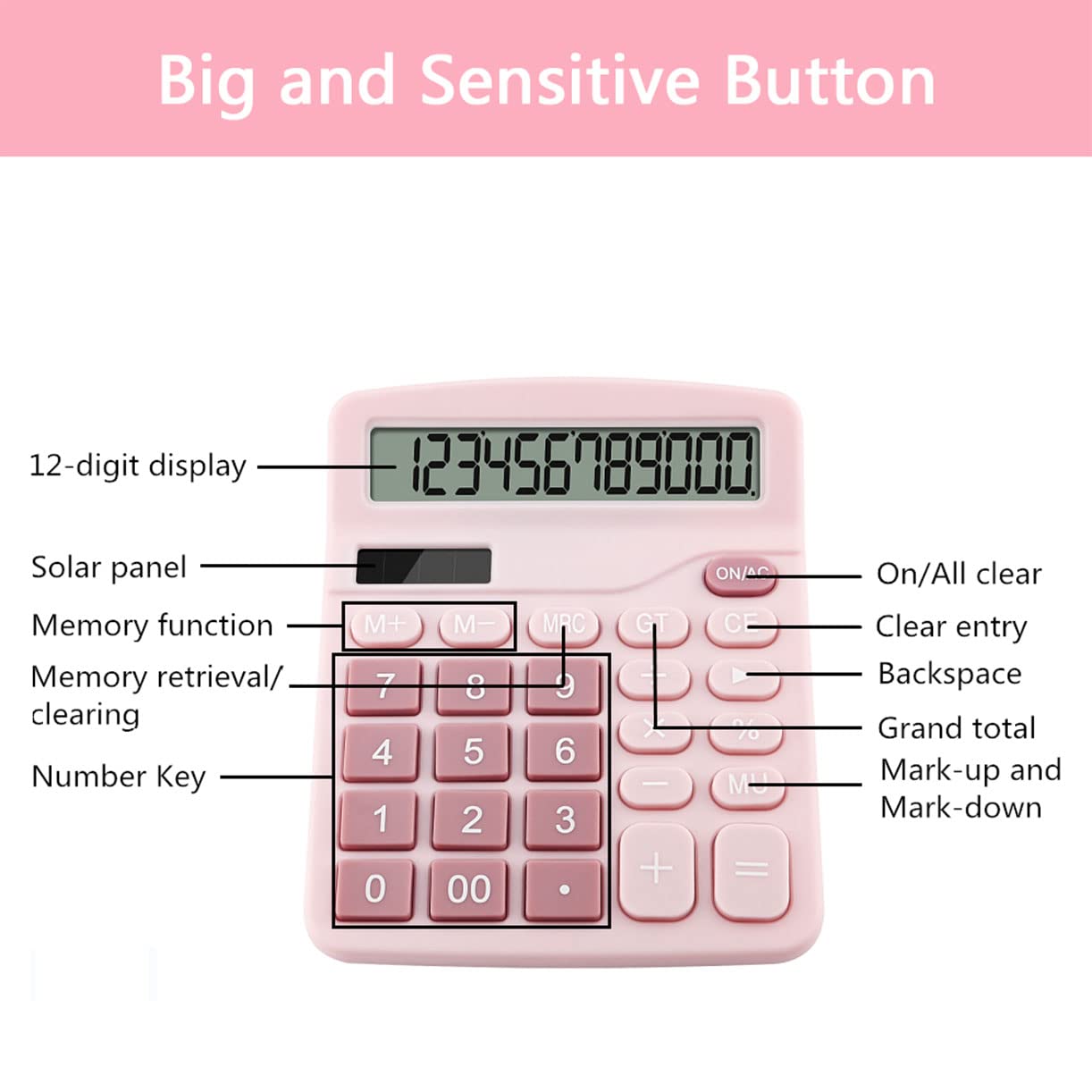 Podokas Office Calculators Desktop, 12-Digit Dual Power Cute Calculator with Large LCD Display Big Button for Office Home and School (Pink)