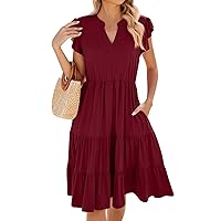 Summer Mini Dresses for Women 2024 Cocktail Dresses for Women 2024 Solid Color Casual Patchwork Ruffin in with Short Sleeve V Neck Tunic Dress Wine Medium
