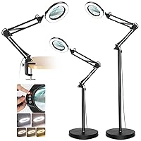 10X Magnifying Glass with Light and Stand, Krstlv LED 5 Color Modes, Stepless Dimmable Magnifying Floor Lamp, 3-in-1 Adjustable Swing Arm Lighted Magnifier Lamp with Clamp for Reading, Craft, Esthetic