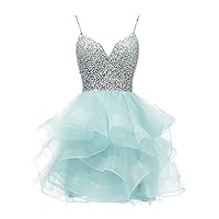 Sequins Beaded Cocktail Dress Tiered Tulle Short Prom Gown Spaghetti Straps Homecoming Dress for Teens