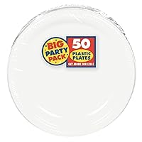 Amscan Round Big Party Pack 50 Count Plastic Dessert Plates, 7-Inch, White