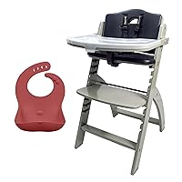 Abiie Beyond Junior Misty Grey Wood/Black Pearl Cushion Convertible 3-in-1 Wooden High Chairs for 6 Mos to 250 lbs, & Ruby Wrapp Terra Cotta Waterproof Silicone Bibs w/Front Pocket - Baby Essentials