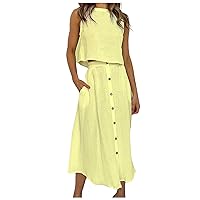 Women's Two Piece Outfit Sleeveless Tops Button Skirt 2 Piece Sets Summer Solid Casual Suits Loose Trendy Outfits
