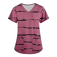 Spring Tops for Women, Women's Fashion V-Neck Short Sleeve with Pockets Stripes Printed Tops