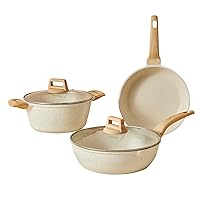 3-Piece Maifan Stone Nonstick Cookware Sets with Wood Handles, Frying Pans and Saucepans with Lids, Cast Aluminum Pots Set - Including Stir Fry Pans with Lid