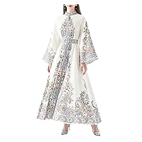 Women's Silk Long Sleeved Ethnic Style Retro Printed Dress Vacation Style Standing Collar Long Swing Dress