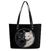 Black White Cats Women's Handbag PU Leather Tote Bag Purses Top Handle Shoulder Bags for Work Travel Business Shopping Casual