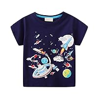 Toddler Shirt 5t Boy Boys Spaceship Base Planet Pattern Short Sleeved T Shirt Children's Male Baby Rainbow Top Women