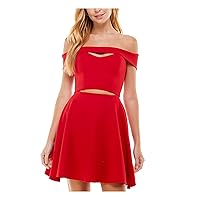 Womens Red Stretch Cut Out Zippered Lined Cap Sleeve Off Shoulder Short Cocktail Fit + Flare Dress Juniors 0