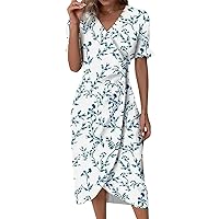 Beach Dresses for Women,2024 Spring Summer Trendy Elegant Wrap V Neck Floral Boho Dress,Flowy Ruched Hawaiian Maxi Dress