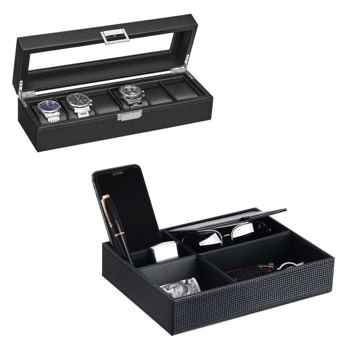 BEWISHOME Watch Box for Men - 6 Slot Watch Organizer & Mens Valet Tray Dresser Organizer Nightstand Organizer for Mens Accessories,Bundle
