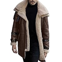 Mens Sherpa-Lined Faux Fur Coat Fleece Shearling Coat Trucker Hunting Heavyweight Suede Leather Jackets with Pockets